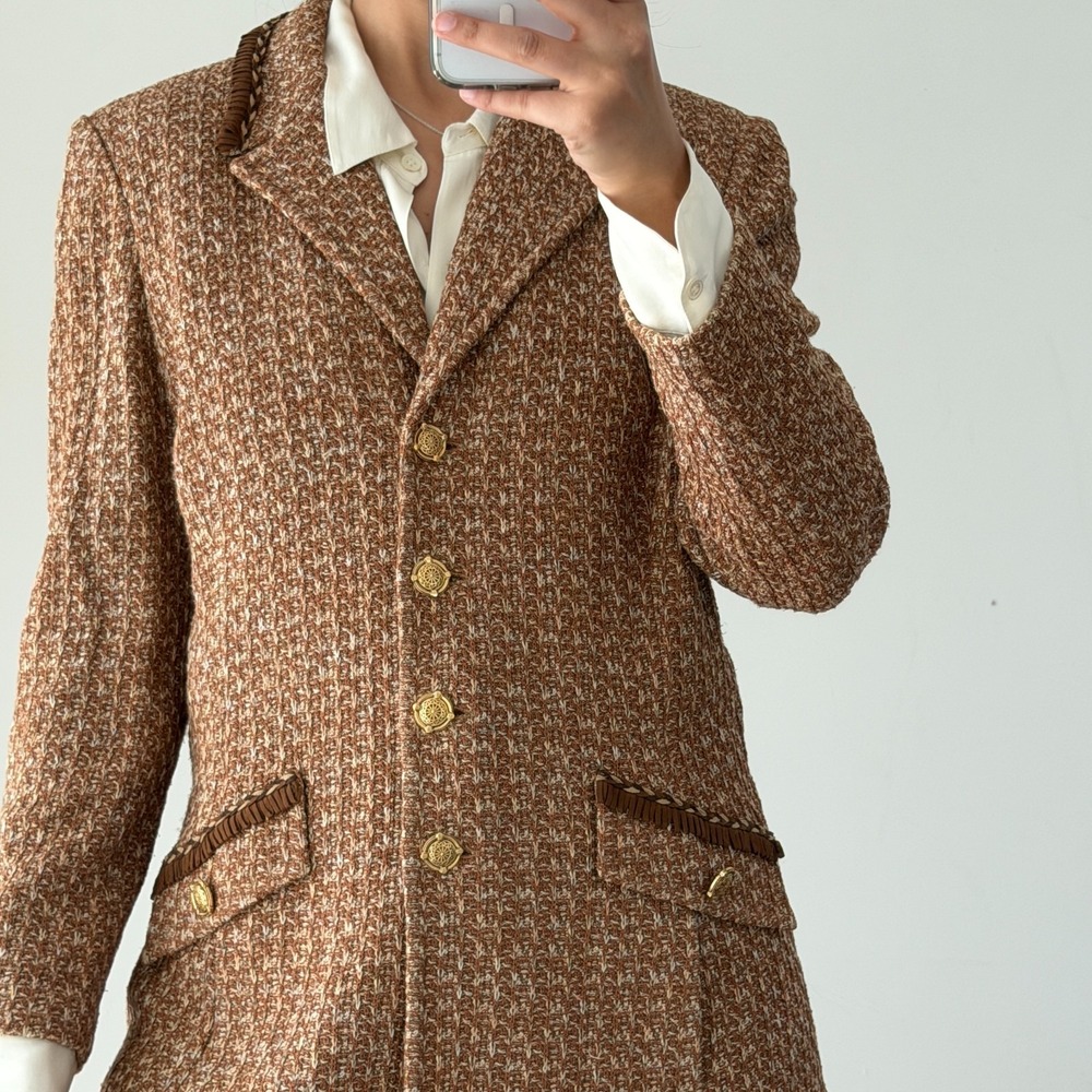 St John Tweed Jacket 12 Brown Textured Knit Gold Button Fringe Equestrian Luxury - Picture 5 of 16